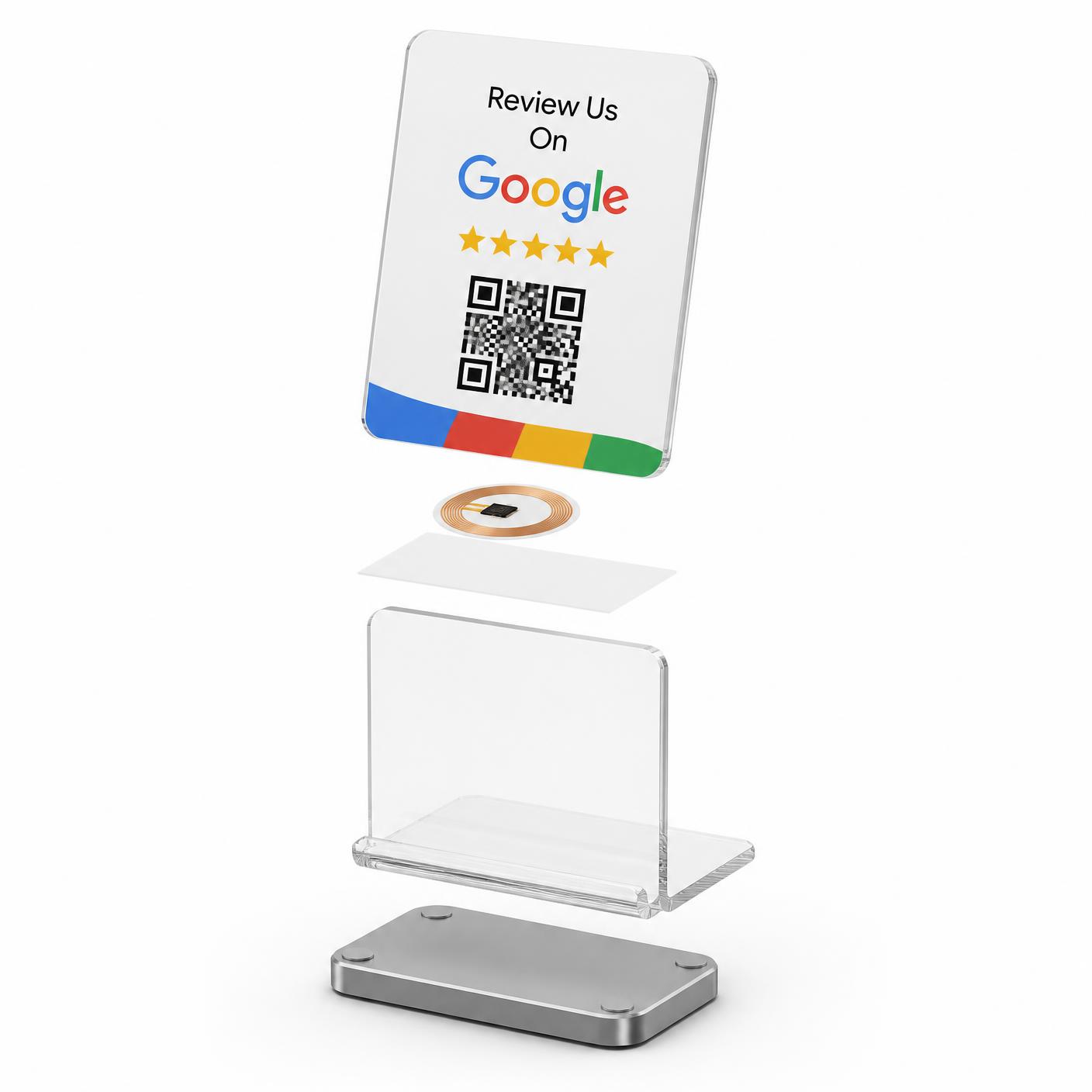 Exploded view of the NFC Google review stand showing printed panel, NTAG215 inlay, adhesive layer, acrylic body and weighted base