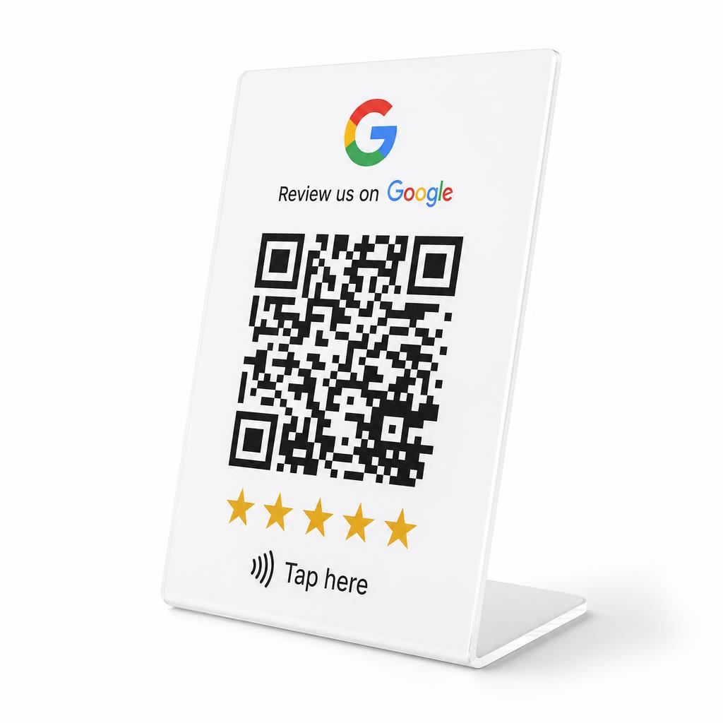 Google review NFC stand, angled view