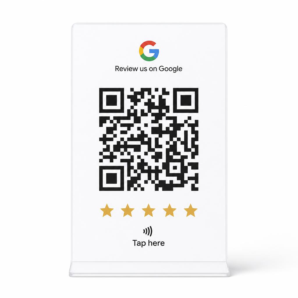 Google review NFC stand, front view